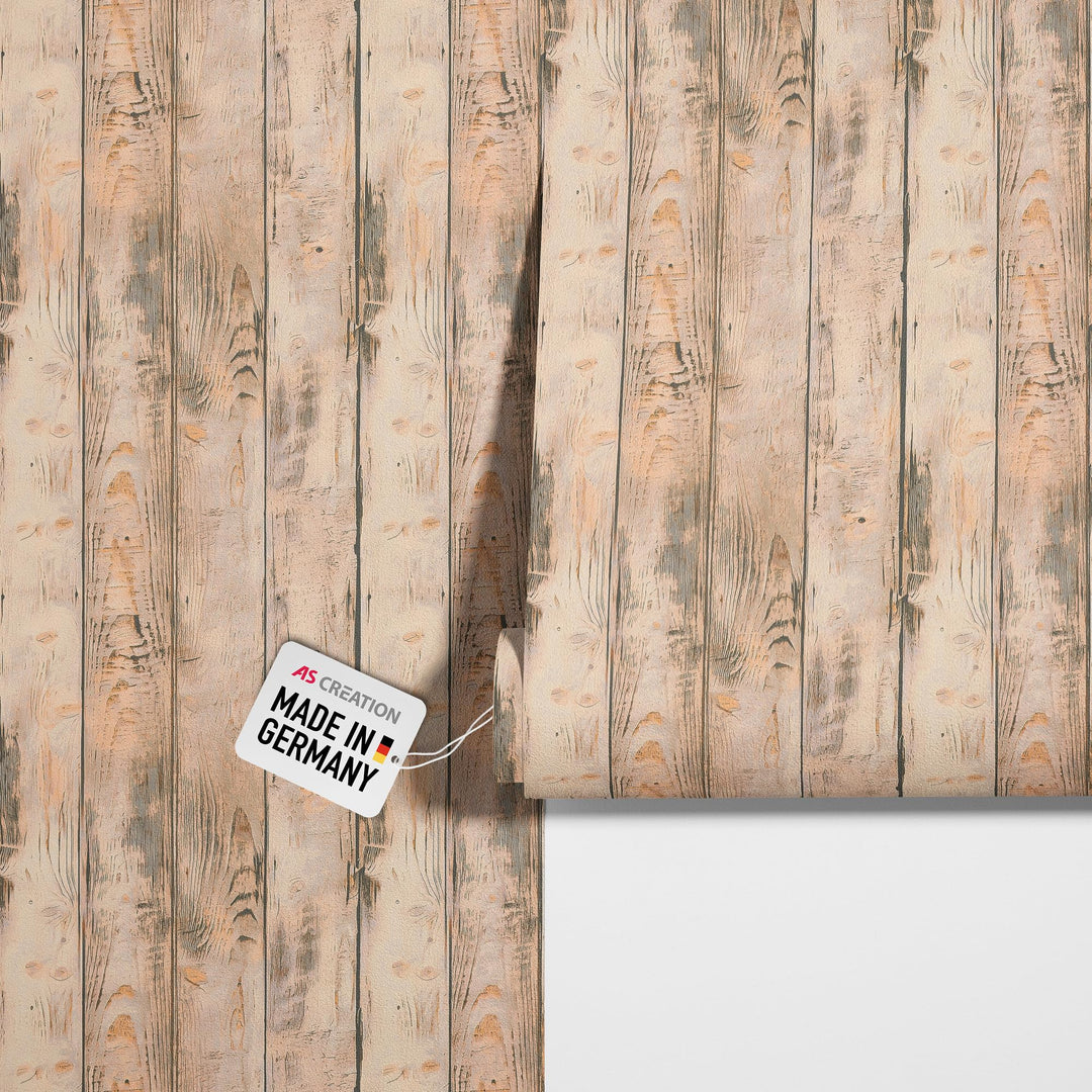 Rustikale 3D Holzplanken Vliestapete im Vintage Landhausstil – Beige, Braun