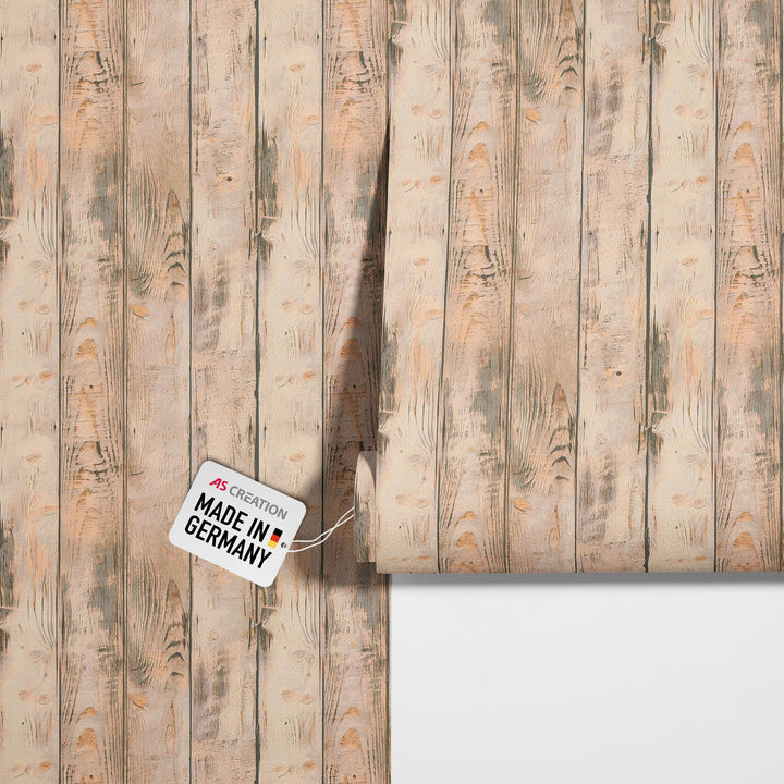 Rustikale 3D Holzplanken Vliestapete im Vintage Landhausstil – Beige, Braun