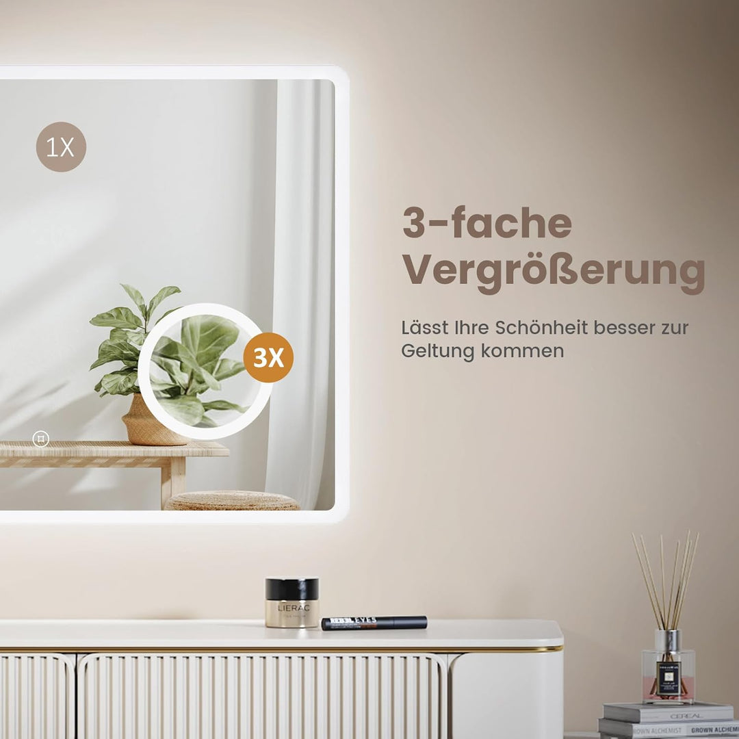 EMKE Badspiegel mit Beleuchtung 80x60cm, Touch, 3 dimmbare Lichtfarben, Beschlagfrei, 3-Fach Kosmeti