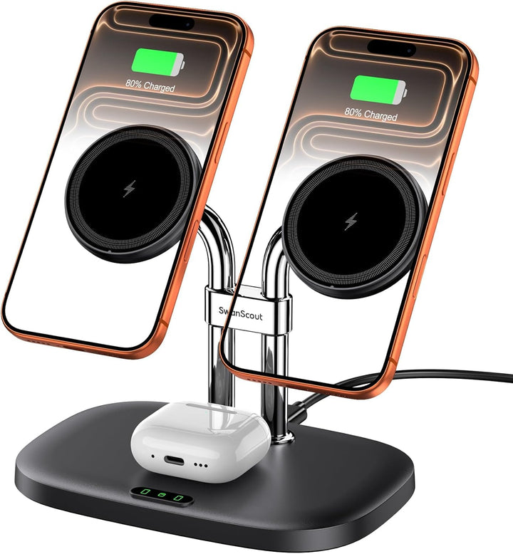 SwanScout Induktive Ladestation für iPhone 17/Air, SwanScout 706M, Mag-Safe Doppel Ladestation Kompa