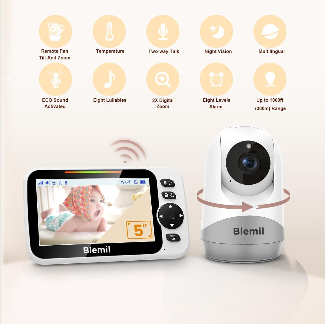 Babyphone mit Kamera und Audio 30 Stunden wiederaufladbare Batterie, 5" grosser Bildschirm, ferngest