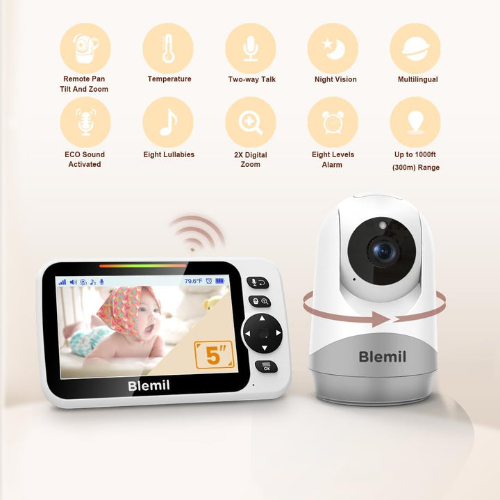 Babyphone mit Kamera und Audio 30 Stunden wiederaufladbare Batterie, 5" grosser Bildschirm, ferngest
