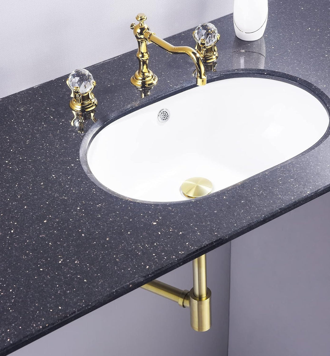 SET - Design Siphon mit Ablaufgarnitur mit Überlauf für Waschbecken Gebürstete Gold – Keymark Univer