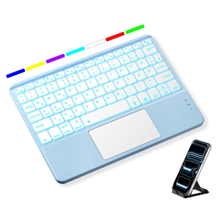 Vobafe Bluetooth Tastatur mit Touchpad, 7-farbiges Backlight iPad Tastatur Hellblau, Hellblau