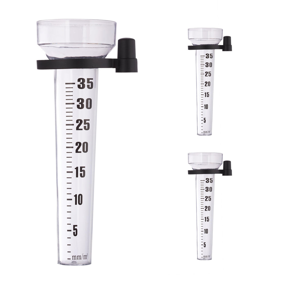 Relaxdays Regenmesser 3er Set, Halterung, Niederschlagsmesser Garten, Skala 35 mm/m², Kunststoff, tr