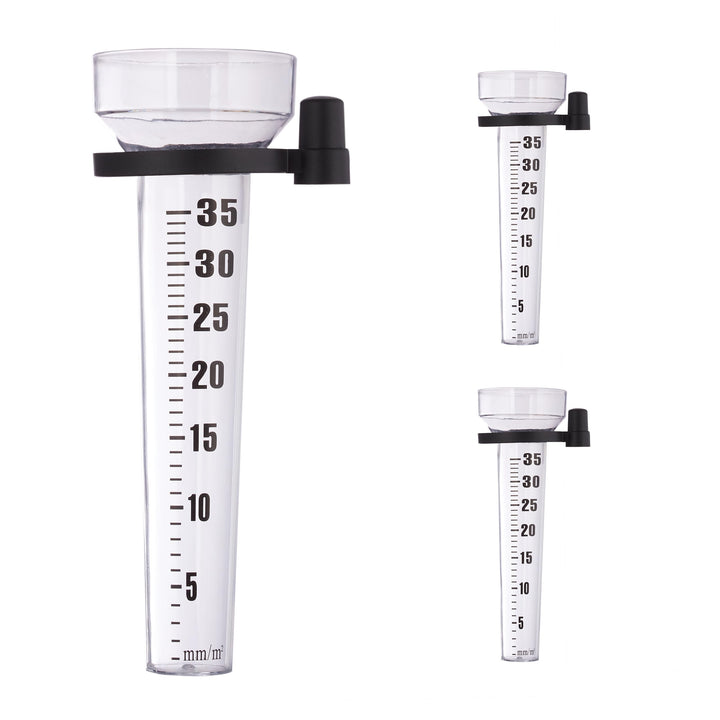 Relaxdays Regenmesser 3er Set, Halterung, Niederschlagsmesser Garten, Skala 35 mm/m², Kunststoff, tr