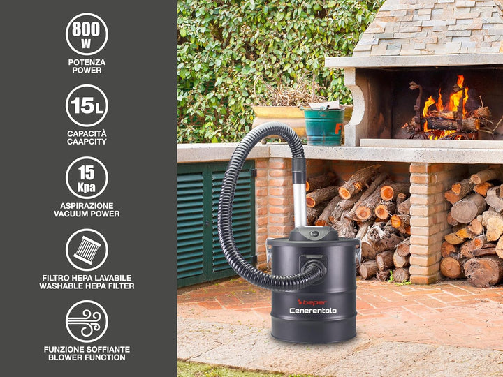 BEPER P202ASP250 Professioneller Aschesauger 800W, 15-Liter-Tank, Hepa-Filter, Gebläsefunktion, Stau