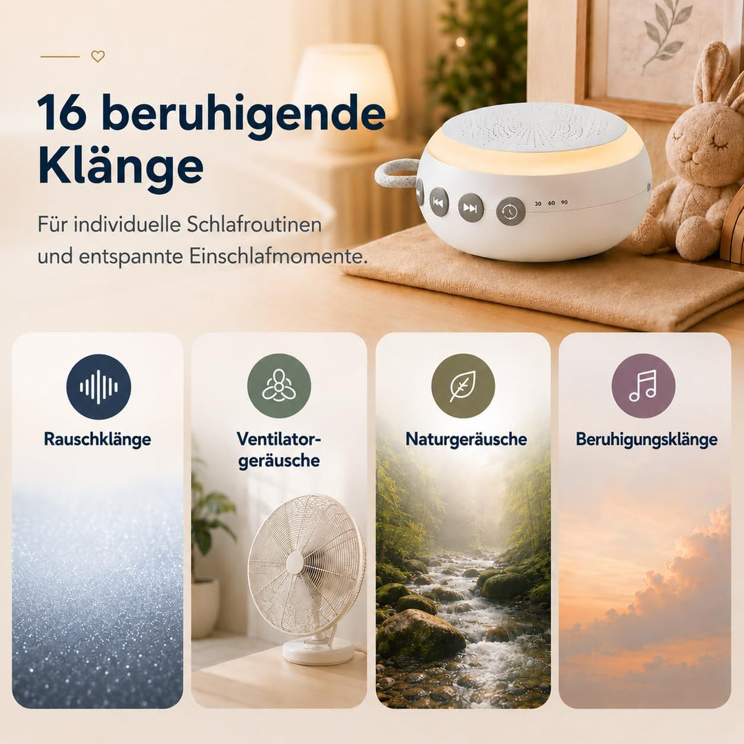 Baby Einschlafhilfe mit Nachtlicht - Tragbare White Noise Sound Maschine mit 16 beruhigenden Geräusc