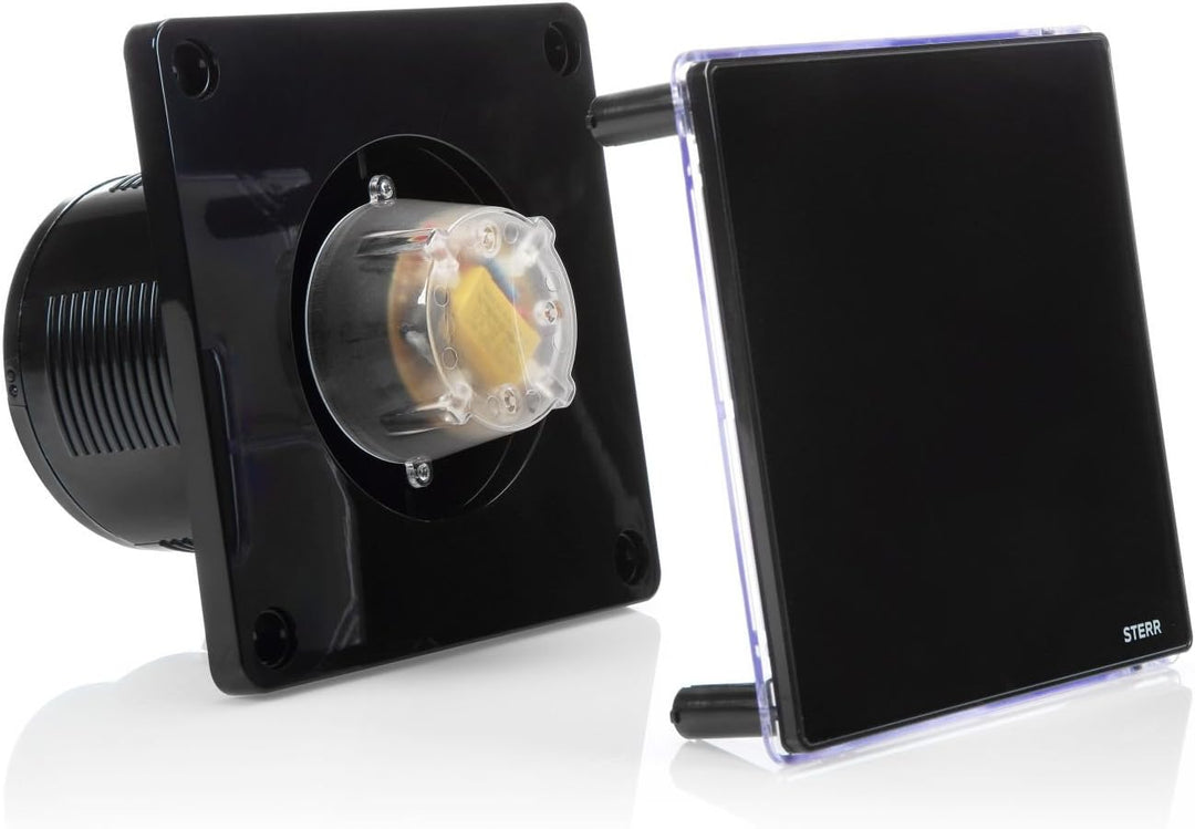 STERR Schwarzer Badlüfter 100 mm mit LED + TIMER - Badezimmerventilator - Glasfront - Modernes Ausse