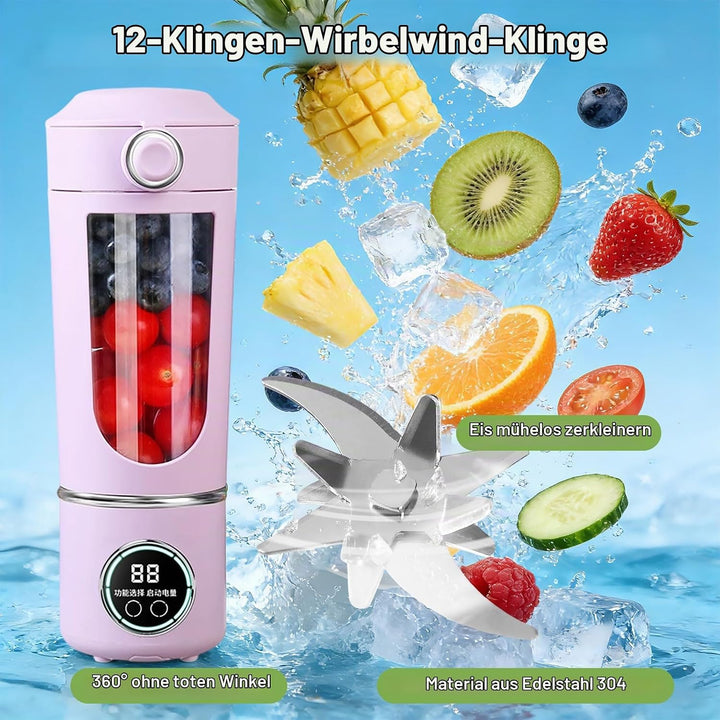 Tragbarer Mixer Smoothie Maker, 700 ml Kleiner Entsafter, Typ-C Wiederaufladbar, mit 12 Rostfreien K
