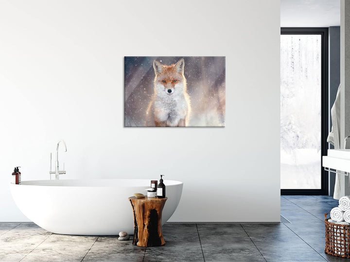 Pixxprint Glasbild | Wandbild aus Echtglas | Roter Fuchs im Winter | 80x60 cm | inkl. Aufhängung und