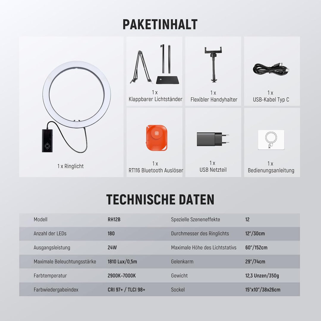 NEEWER RH12 12" 24W Hochleistungs LED Ringlicht Kompatibel mit iPhone 60" Überkopf Faltstativ mit Ha