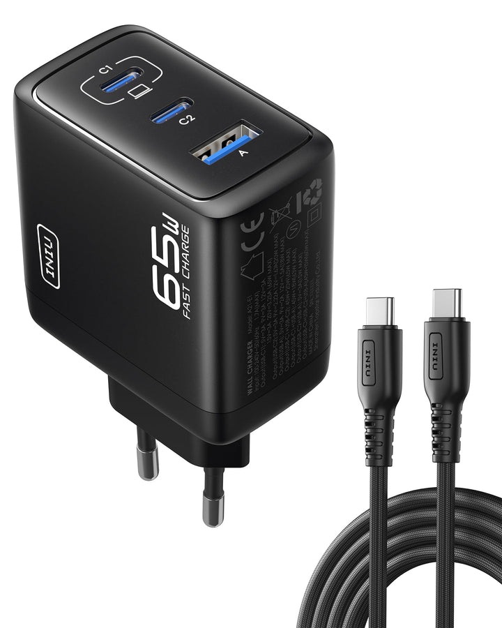 INIU 65W USB C Ladegerät, [USB-C * 2 + USB-A] Netzteil Mehrfach mit USB-C Kabel, PD 3.0 Schnellladeg