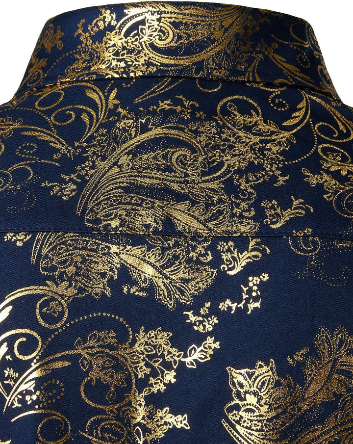 PARKLEES Herren Luxus Paisley Gemustert Golden Glänzend Slim Fit Freizeithemd XL Navy Golden, XL Nav