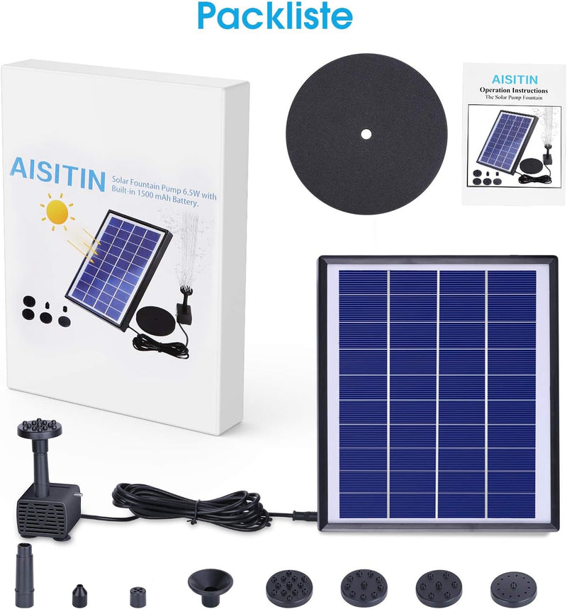 AISITIN Solar Springbrunnenpumpe 6,5 W Panel Backup Solar Wasserpumpe Schwimmender Brunnen 6 Düsen f