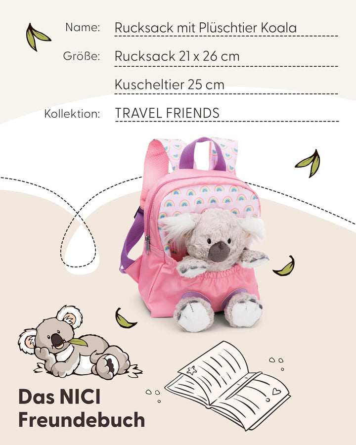 NICI Kinderrucksack rosa 2 in 1 mit Kuscheltier Koala 25cm - Kindergartenrucksack Mädchen & Jungen -