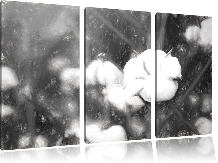 Pixxprint eine ausgereifte Knospe voller Baumwolle Kunst Kohle Effekt 3-Teiler Leinwandbild 120x80 B