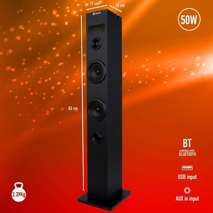 NGS Sky Charm - 50W Bluetooth Sound Tower mit Fernbedienung, Optischem Eingang, USB, FM Radio und AU