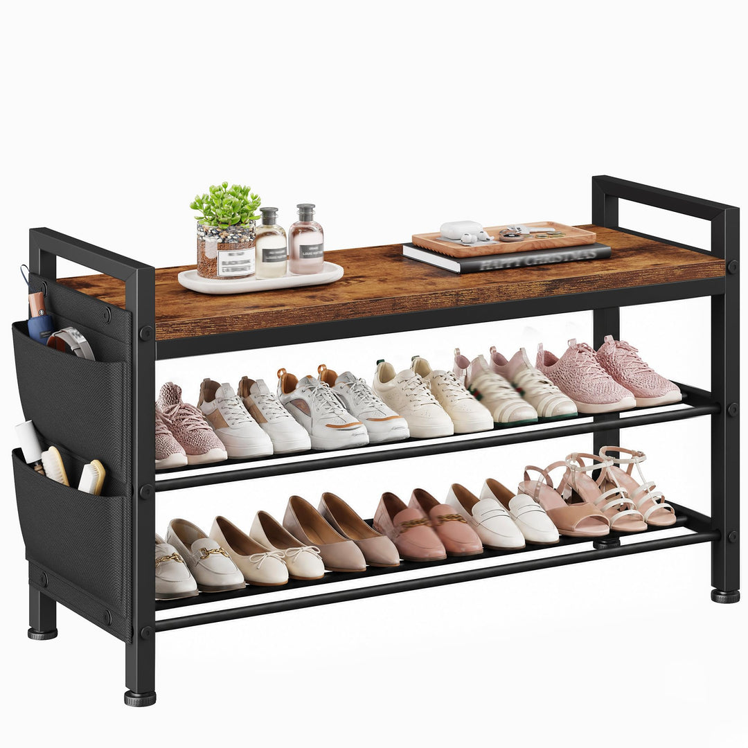 Schuhbank mit sitzfläche 3 Ebenen für 9-12 Paar, Schuhregal schmal mit Seitentaschen, Metall-Holz Sc