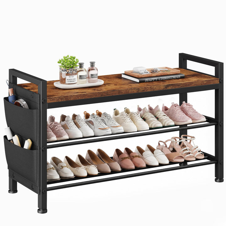 Schuhbank mit sitzfläche 3 Ebenen für 9-12 Paar, Schuhregal schmal mit Seitentaschen, Metall-Holz Sc