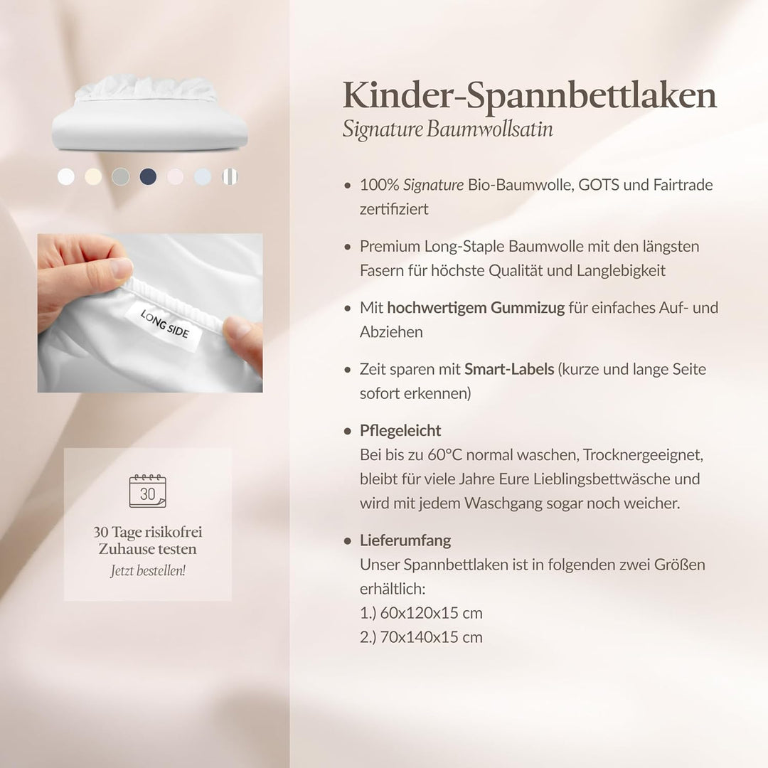bo&button® Kinder Baby Spannbettlaken, Mako Satin, 100% GOTS Bio Baumwolle, 120 g/m2, Fairtrade, sup