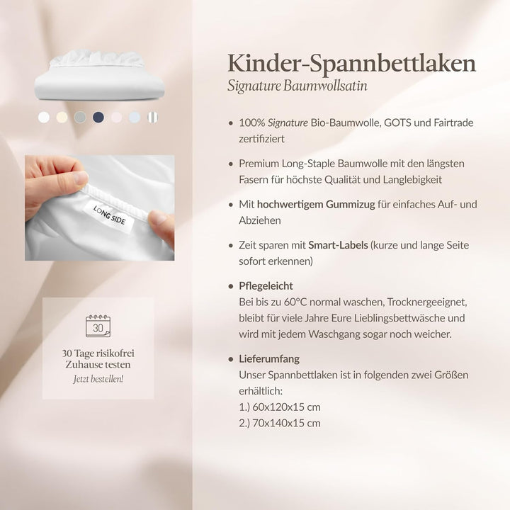 bo&button® Kinder Baby Spannbettlaken, Mako Satin, 100% GOTS Bio Baumwolle, 120 g/m2, Fairtrade, sup