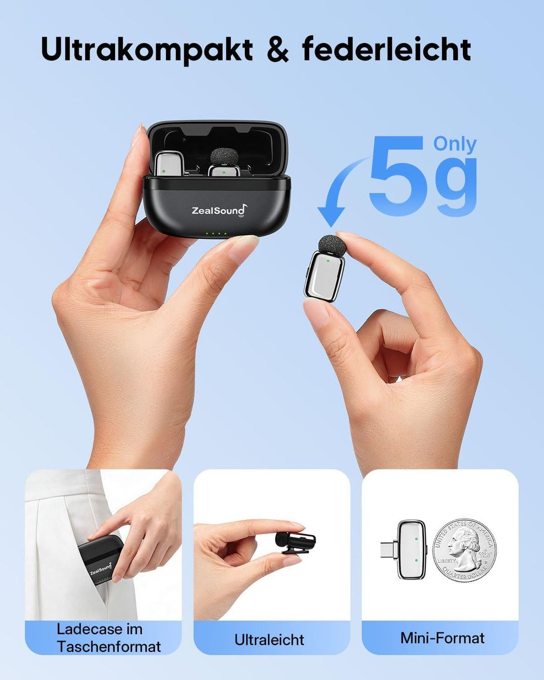 zealsound Mini Kabelloses Lavalier-Mikrofon für iPhone Handy Android, Wireless Ansteckmikrofon mit R