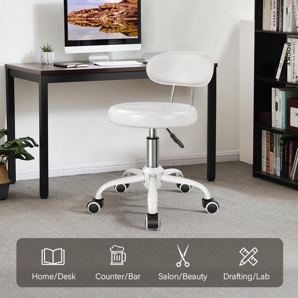 WKWKER Rollhocker mit Rädern Drehhocker mit höhenverstellbarer Rückenlehne PU-Leder-Rollhocker, idea