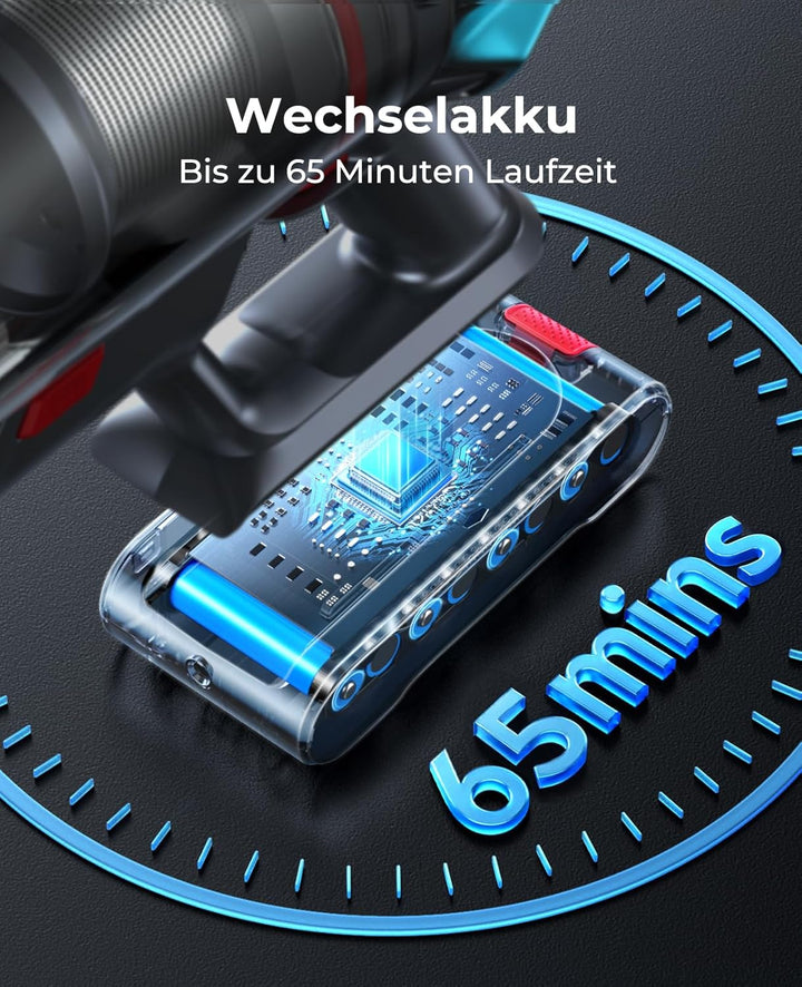 Fieety Akku Staubsauger Kabellos, 50kPa/600W Starkes Saugen, 65Min, 1.6L Beutellos - 8-in-1 Mit Anti