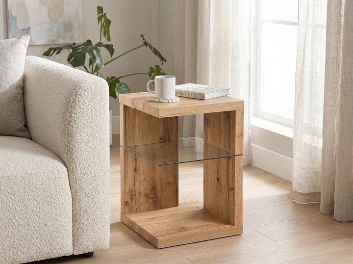 HomeTrends4You Domingo Beistelltisch/Nachttisch, MDF, Sicherheitsglas, Wildeiche,
