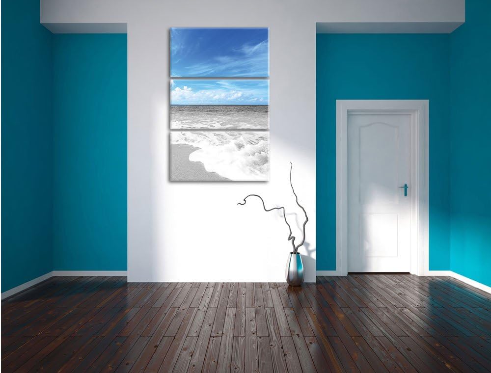 Pixxprint Sandstrand mit Welle bei azurblauen Himmel 3-Teiler Leinwandbild 120x80 Bild auf Leinwand