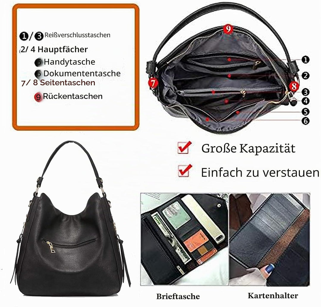 BestoU Handtasche Damen Schwarz Gross Leder Gross Tasche Umhängetasche Schultertasche Shopper Henkel