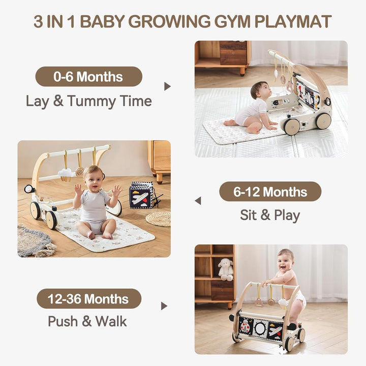 OESSUF 3 in 1 Baby Holz Lauflernhilfe Spielbogen Gym Spieldecke mit Sensorik Spielzeug, Drehzahl Lau