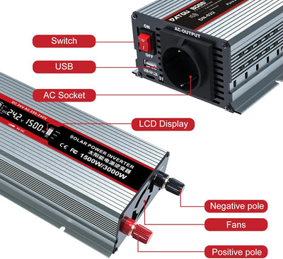DATOUBOSS Wechselrichter 24v auf 230v Reiner Sinus 1500W/3000W Spannungswandler mit LCD-Display,USB