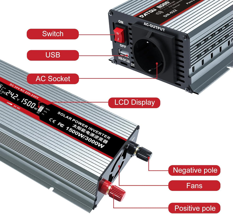 DATOUBOSS Wechselrichter 24v auf 230v Reiner Sinus 1500W/3000W Spannungswandler mit LCD-Display,USB