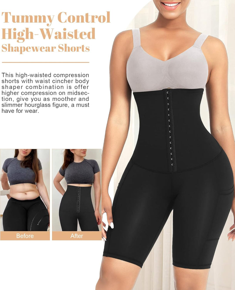 FeelinGirl Miederpants Bauchweg Shapewear-Shorts für Damen Knielänge Kolbenheber Hohe Taille Shaper-