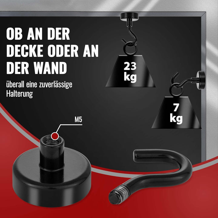 POPPSTAR 5 Stück Magnethaken schwarz extra stark (Haftkraft 23 kg, Länge 4,5 cm, Durchmesser 2,5 cm)