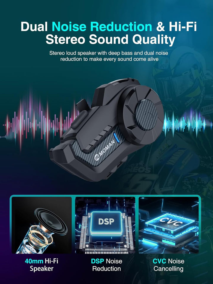 Moman Motorrad Intercom Headset, H2 Pro 【2 Pack Kohlefasern】 Motorradhelm Gegensprechanlage Kommunik