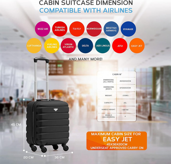 Flight Knight Lightweight 4 Wheel ABS Hard Case Suitcases Cabin Carry On Hand Luggage Approved for O