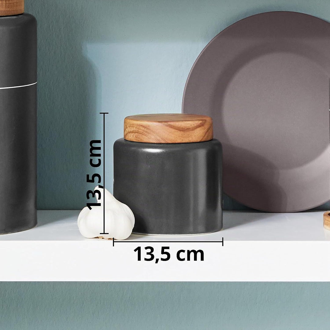 KHG Knoblauchdose 13,5cm x 13cm, Keramik Steingut in Anthrazit Grau mit Holz-Deckel aus Bambus, rund