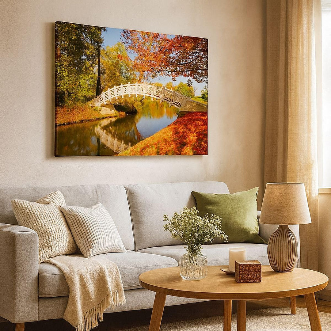 Bilder auf Leinwand 100x70cm Leinwandbild Stream Fussgängerbrücke Herbst Gross Wanddeko Bild Schlafz