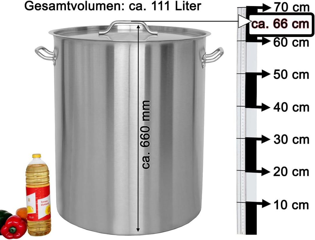 Beeketal 'BKT-115' Gastronomie Kochtopf ca. 111 Liter aus Edelstahl mit starken Griffen und Deckel,