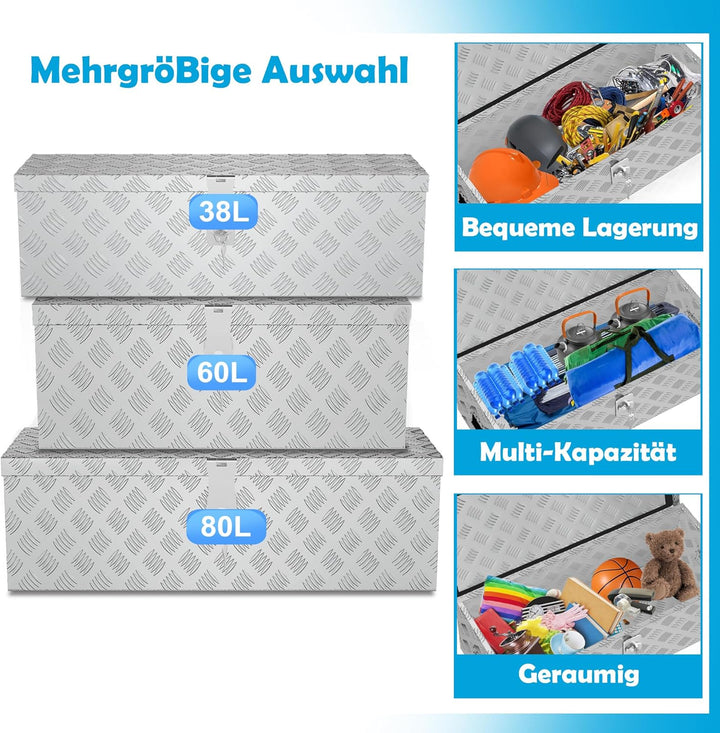 Aufbewahrungsbox Alubox 800x220x225 mm, Aluminium Werkzeugkiste mit Schloss und 2 Schlüsseln, Robust