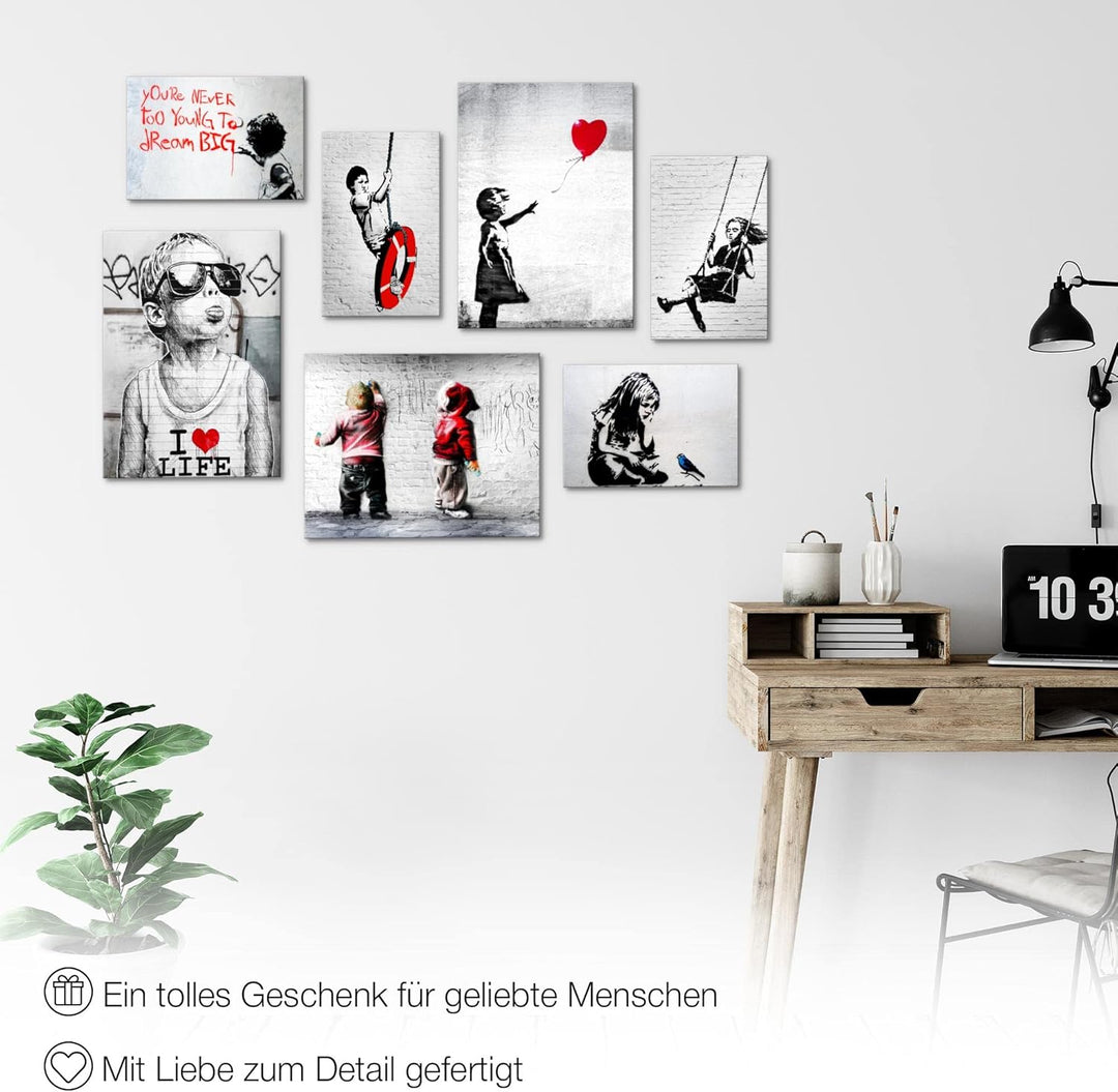 Novart Wandbilder Banksy Collage - KOMPLETT AUFHÄNGFERTIG - Street Art Wohnzimmer Büro- 7 Moderne Mo