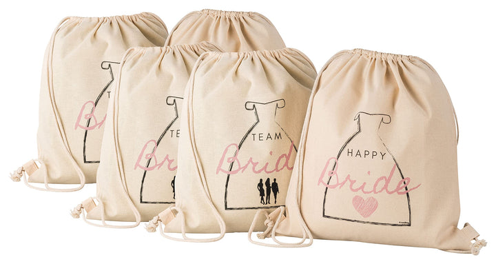 FremiBag Happy Bride & Team Bride Stoffbeutel Set - Turnbeutel für den JGA Junggesellinnenabschied a
