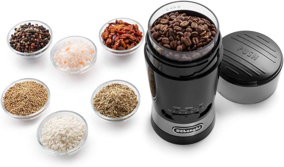 De'Longhi Kaffeemühle KG210 – elektrische Mühle für ganze Kaffeebohnen, Gewürze und Nüsse, 170 Watt,