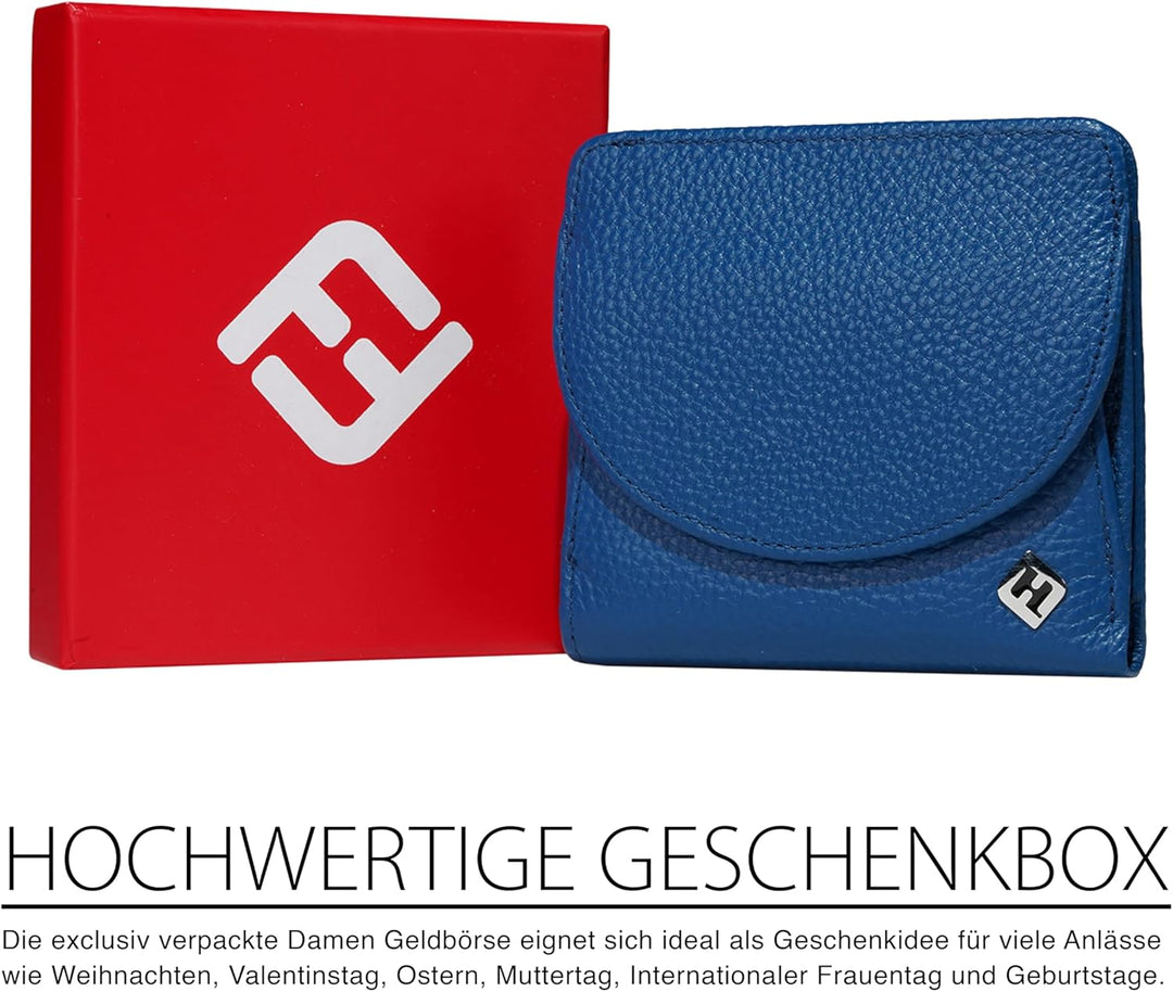 Portmonee Damen klein kompakt, Reise Geldbörse, viele Fächer, Leder blau, RFID Blocker, Münzfach | W