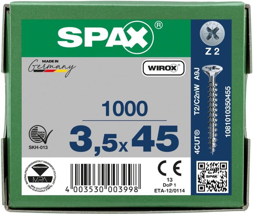 SPAX Universalschraube, 3,5 x 45 mm, 1000 Stück, Kreuzschlitz Z2, Senkkopf, Vollgewinde, 4CUT, WIROX