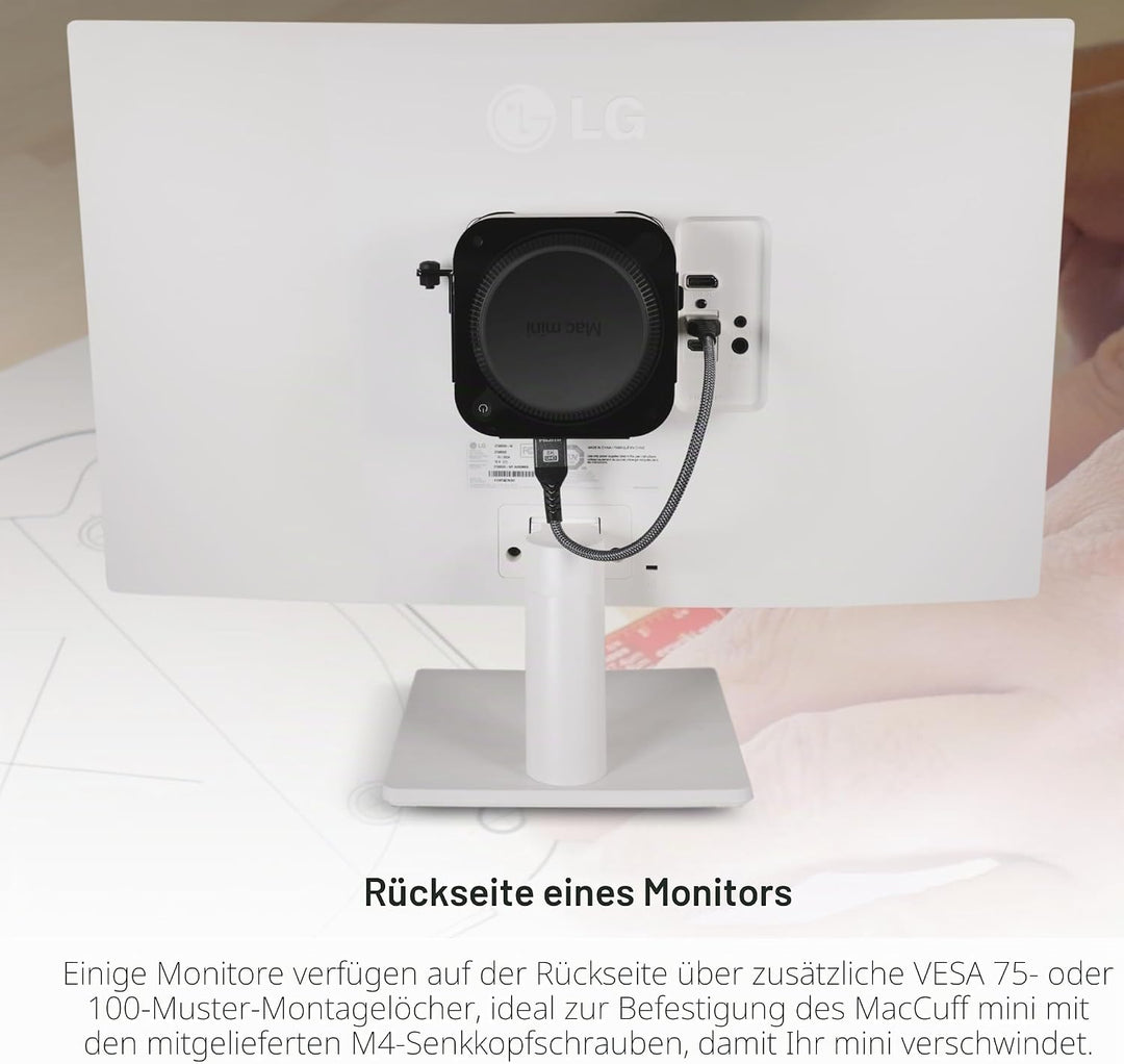 SoNNeT MacCuff mini (2024+): Stahlhalterung zur Montage eines Mac mini (2024) unter einem Tisch, an