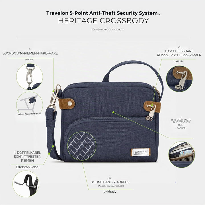 Travelon Anti-Diebstahl Heritage Crossbody-Tasche Marineblau, Marineblau
